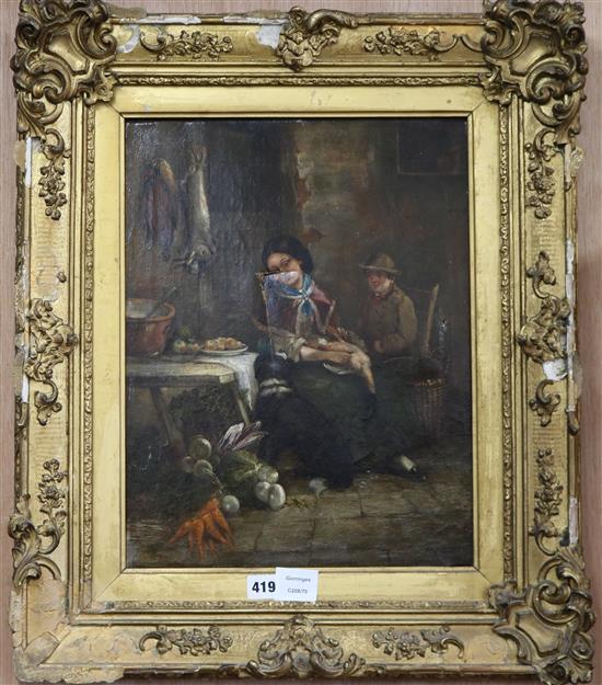 19th century English School, oil on canvas, Scullery interior, 43 x 33cm (torn)